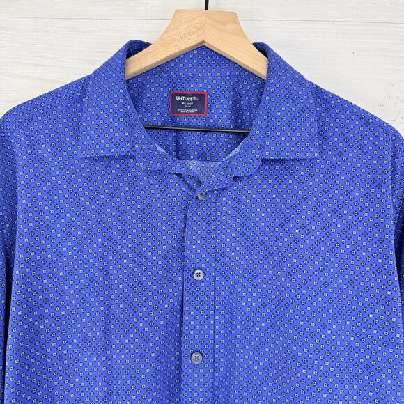 Untuckit Stanton Performance Shirt Men XL Tall Blue Printed Long Sleeves Stretch - Picture 3 of 15